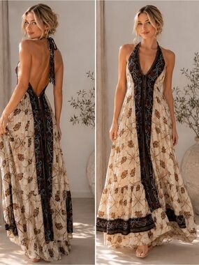 NWT Beach Camp Recycled Sari Halter Maxi Dress Open Back Silk Blend one size